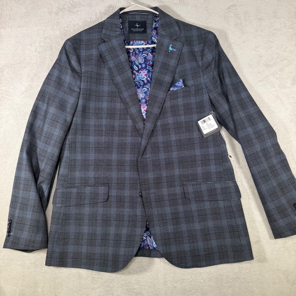 TailorByrd Mens Charcoal Grey Plaid Blazer Sport Coat Stretch Paisley Lining 42R
